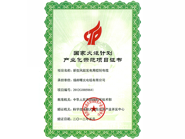 国度火炬打算项目证书（新型风能发电型节制电缆）