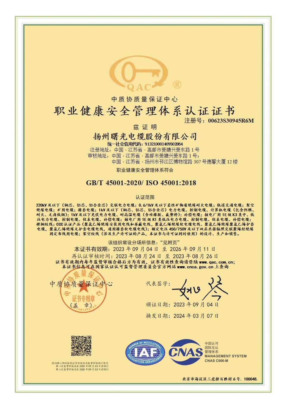职业健康安全治理系统认证证书